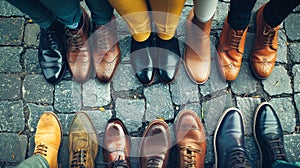 A diverse group of people stand shoulder to shoulder, showcasing their unique personalities through their colorful shoes