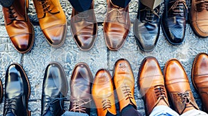 A diverse group of people standing in a circle, wearing dress shoes and engaging in a team-building exercise