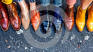 A diverse group of people standing closely together, sporting an array of colorful and stylish shoes, including business and