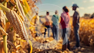 A diverse group of people standing in a field of corn with stacks of harvested crops in the background. The image is