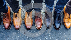 Diverse group of people standing with hands on hips in front of a row of stylish mens business shoes