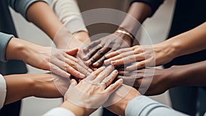 Diverse group of people with their hands stacked together in a circle of unity.