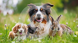 Diverse group of pets Dog, cat, bird, reptile, and rabbit, Ai Generated