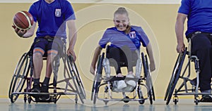 Diverse group portrait of the basketball team in training, slow motion video of basketball persons with disabilities in