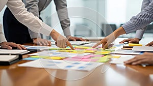 Team Collaboration Brainstorming Session with Sticky Notes on Table