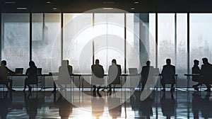 A diverse group of professionals engaging in a management meeting, silhouetted against a bright window