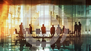 A diverse group of professionals engaging in a management meeting, silhouetted against a bright window