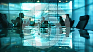 A diverse group of professionals in a management meeting, engaged in discussion and problem-solving around a table