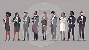 Diverse group of professionals in modern attire posing together. Colorful illustration style, suitable for corporate use