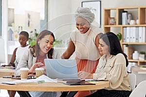 Diverse group of smiling business women using a laptop for a brainstorm meeting in an office. Happy confident