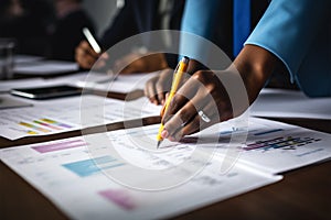 A diverse group stands at a desk, hands engaged in document deliberation