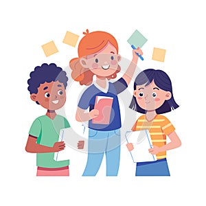 Diverse group of students brainstorming ideas in a classroom environment, learning together.