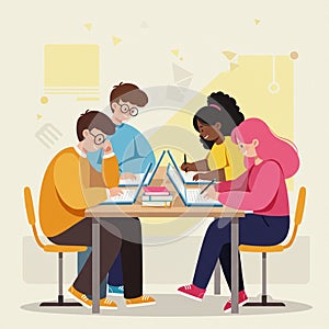 Diverse Group of Students Collaborating on Laptops in a Modern Study Environment