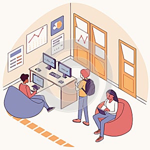 Diverse group of students collaborating and working on computers in a modern study space