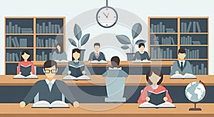 Diverse group of students studying and reading books in a modern library or classroom setting