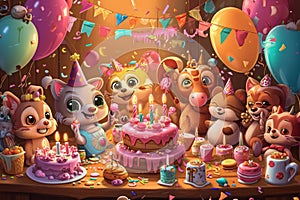 A diverse group of stuffed animals excitedly surround a colorful birthday cake, eagerly awaiting the celebratory moment, Adorable