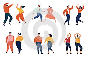 Diverse group of stylized people dancing and walking. Happy individuals expressing joy in movement. Friendship and
