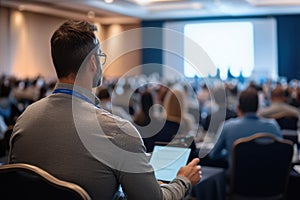 Diverse group of technologists presenting innovative ideas at a conference with engaged audience