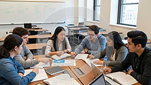 Diverse group of university students collaborating in a study session around a classroom table