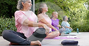 Diverse group of women practicing yoga outdoors, focused and serene