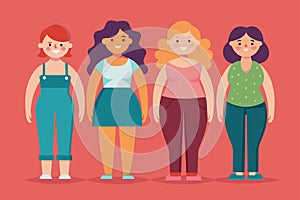 Diverse group of women standing next to each other, showcasing various body shapes and sizes, Types of female body shapes