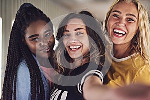 Diverse group of young female friends taking a selfie together