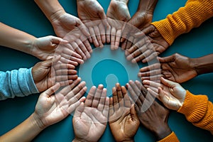 Diverse hands forming circle on teal background