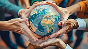 Diverse Hands Holding a Globe for Unity and Peace. Generative ai