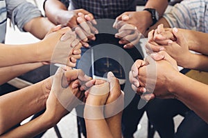 Diverse hands holding hold hands circle to pray for God each other support together teamwork photo