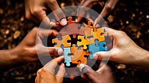 Diverse hands holding puzzle pieces that fit together to form a larger puzzle, depicting the idea that unique skills combine to
