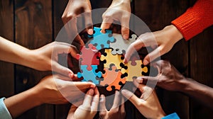 Diverse hands holding puzzle pieces that fit together to form a larger puzzle, depicting the idea that unique skills combine to