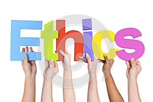 Diverse Hands Holding The Word Ethics