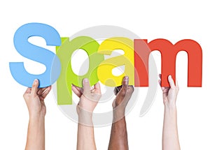 Diverse Hands Holding the Word Spam