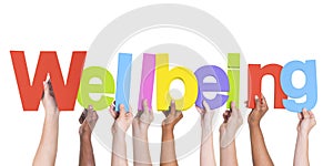 Diverse Hands Holding The Word Wellbeing