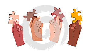 Diverse hands making puzzle vector illustration isolated