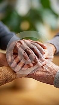 Diverse hands stacking together symbolizing unity and support