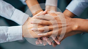 Diverse hands stacking together, symbolizing unity, teamwork, and strong support in a collaborative group