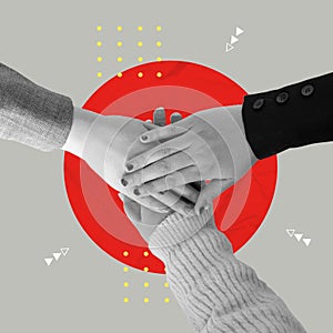 Diverse hands stacking on top of each other in a creative collage style for teamwork themes, vector illustration photo