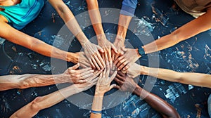 Diverse hands unite in teamwork, empathy, partnership, and social connection concept