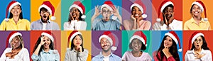 Diverse Happy Excited People Wearing Santa Hats Posing Over Colorful Backgrounds