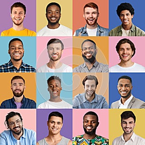 Diverse happy male faces with different hairstyles, set of photos