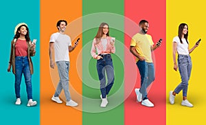 Diverse Happy Multiethnic People With Smartphones Walking Over Colorful Backgrounds