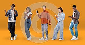 Diverse Happy Multiethnic People Talking Or Messaging On Smartphones Over Orange Background