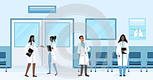 Diverse health doctors practitioners talking and standing in hallway while working in hospital vector illustration.