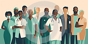 Diverse healthcare professionals stand together