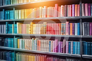Diverse hues adorn an organized display of modern book collection