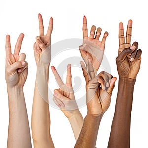 Diverse human hand gestures on white background