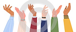 Diverse human hands. Cartoon arms with different skin colours, male and female hands raised up. Hands gestures flat vector