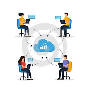 Diverse individuals collaborating remotely with cloud computing and data analytics