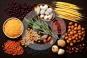 Diverse ingredients showcased with transparency wheat, nuts, seeds, veggies, and seaweed